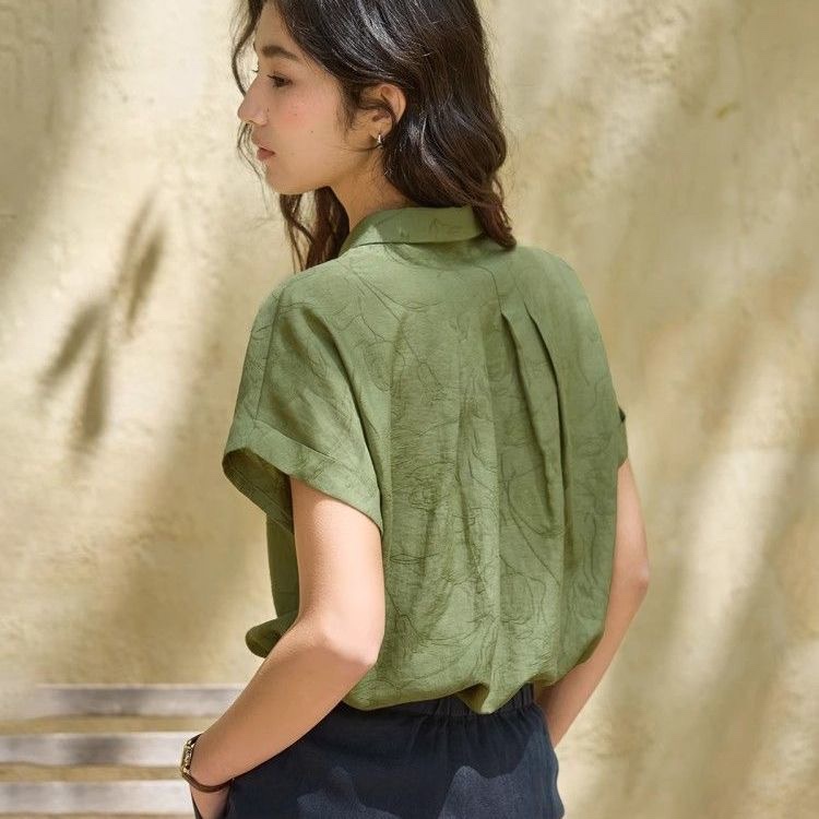 法式亚麻提花不对称翻领衬衫女夏季新款短袖设计感高级提花上衣女|undefined