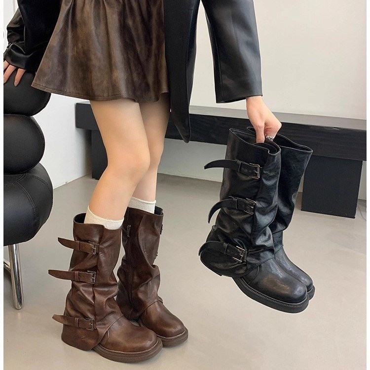 Belt Buckle Pleated Thick-Soled Mid-Calf Boots for Women 2026 Spring New Popular Style Western Boots Ins Trendy Boots