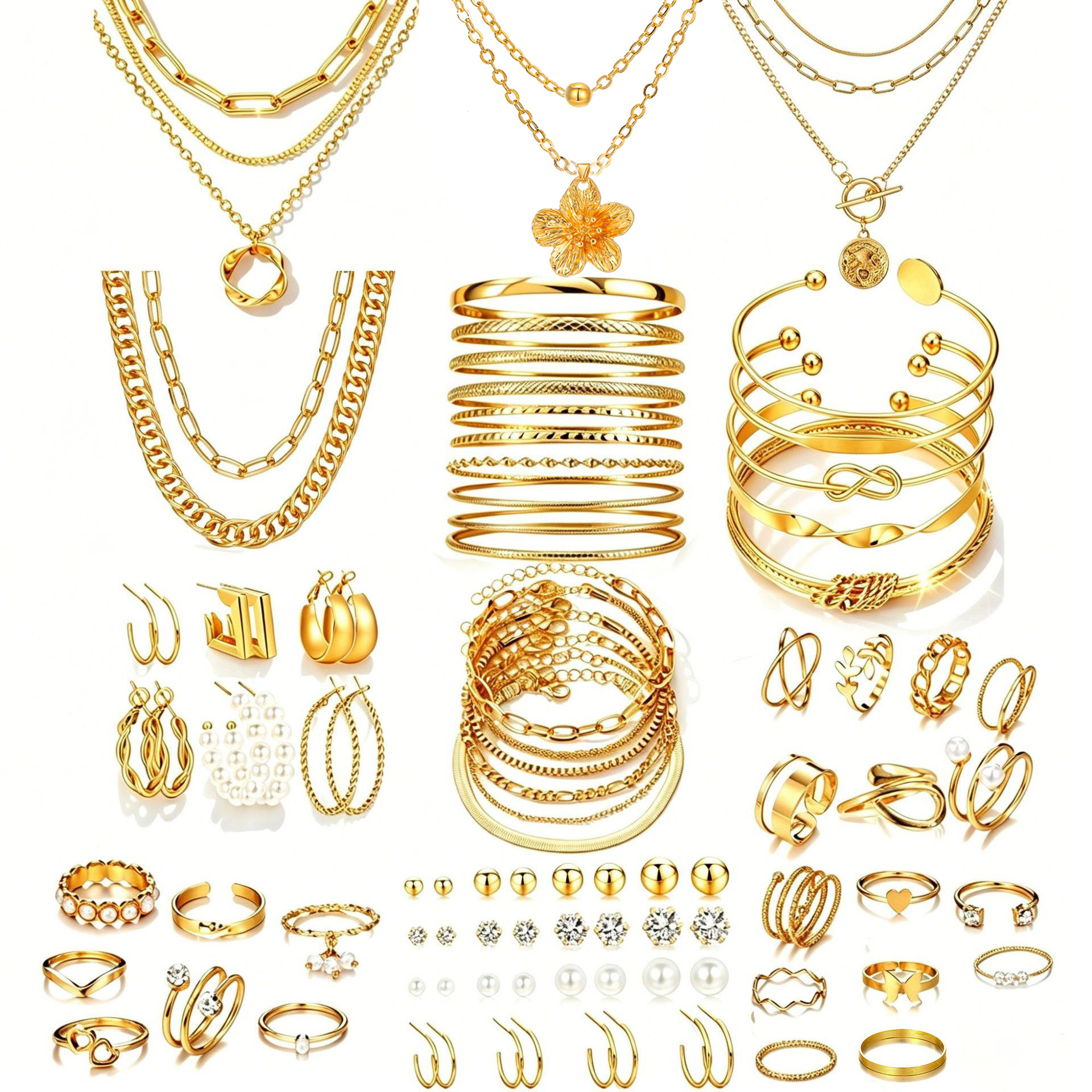Cross-Border Hot-Selling Fashion Pearl Alloy Jewelry Set for Women, Including Necklace, Earrings, Ring, and Bracelet, 76-Piece Set for Women