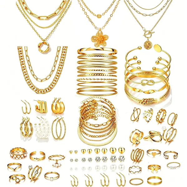 Cross-Border Hot-Selling Fashion Pearl Alloy Jewelry Set for Women, Including Necklace, Earrings, Ring, and Bracelet, 76-Piece Set for Women