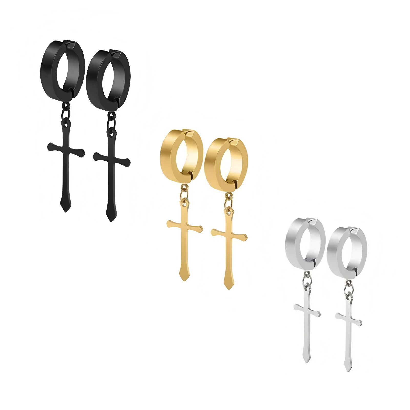 Orecchini a forma di croce da uomo in acciaio inossidabile con clip magnetica nera_voghion.com