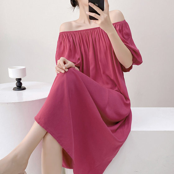 Cotton Silk Nightdress with Collar Summer Thin Cool Outer Wear Artificial Cotton dress Solid Color plus size Long Dress Pajamas