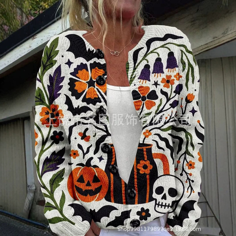 Cross-border women's V-neck button cardigan Halloween 3D digital full-print long-sleeve jacket foreign trade women's clothing supply