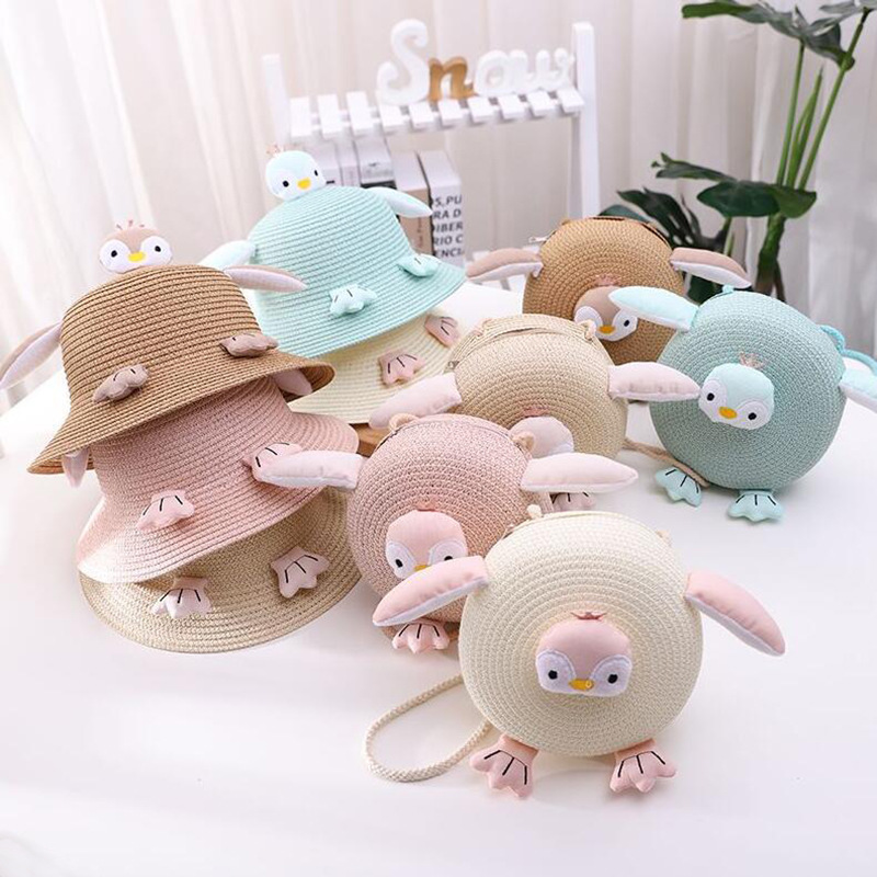 Cute children's penguin straw hat bag st...