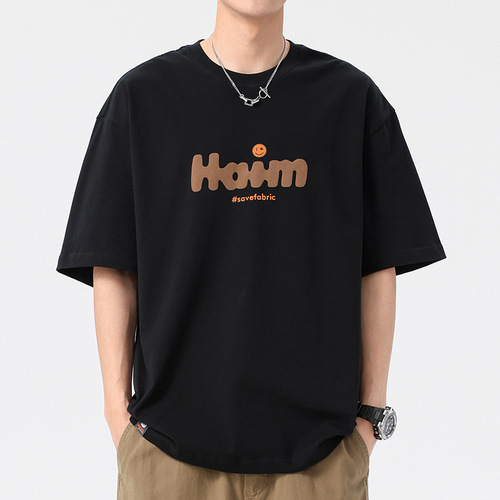 Summer Men's T-Shirt American Streetwear Brand Pure Cotton Letter Neutral Style Printed Loose Short Sleeve Crew Neck Black Half Sleeve