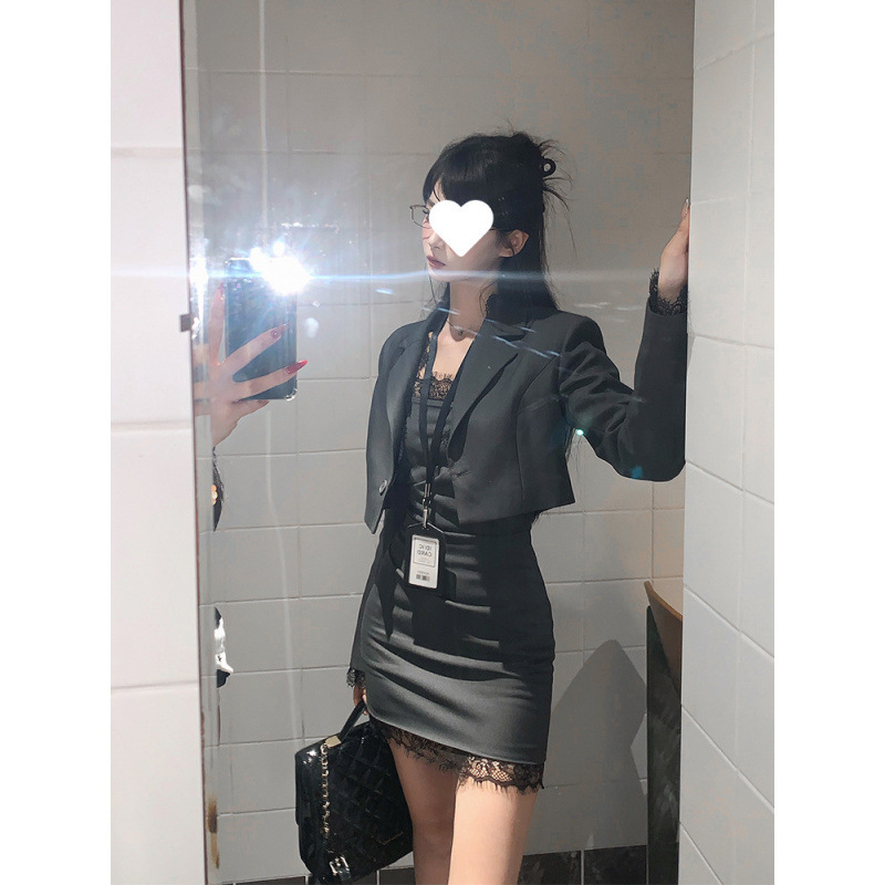巴比姨黑色西装外套女早秋高级感复古休闲小个子外搭吊带裙套装|undefined