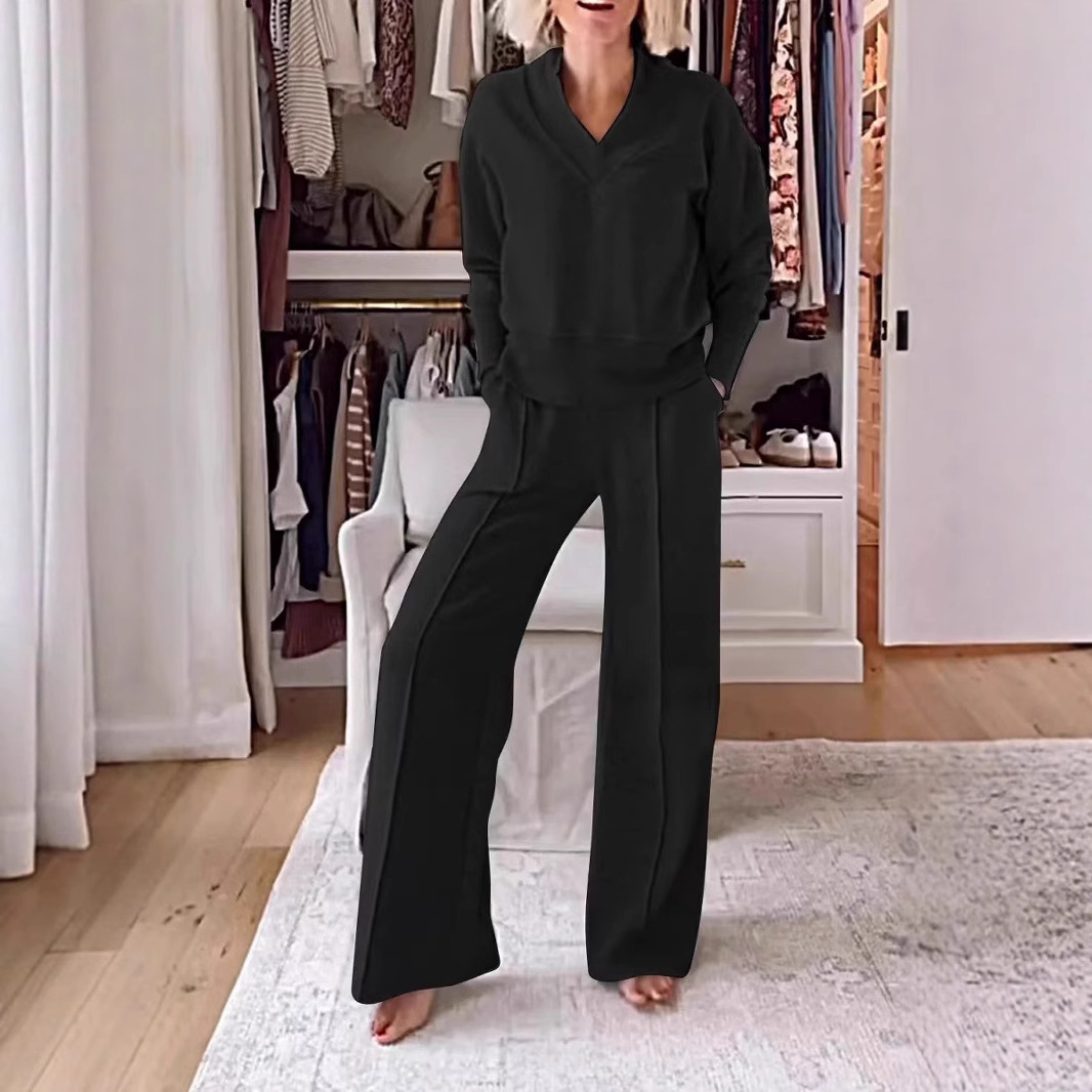 2026 Fall/Winter Cross-Border European And American New V-Neck Long-Sleeve Loose Solid Color Women's Fashion_ecoleips.com