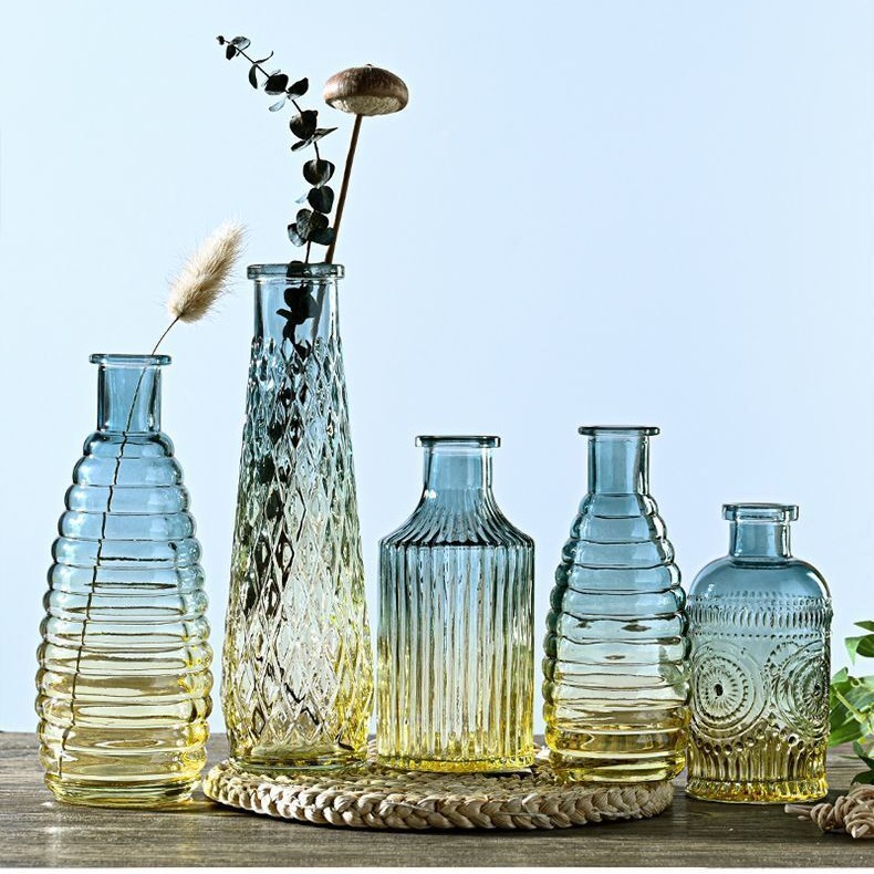 Nordic Style Retro Embossed Transparent Glass Vase Living Room Flower Ornaments Home Office Dining Table Decoration