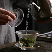 日式锤纹玻璃三才盖碗茶杯 家用功夫茶具套装 加厚描金泡茶器热销