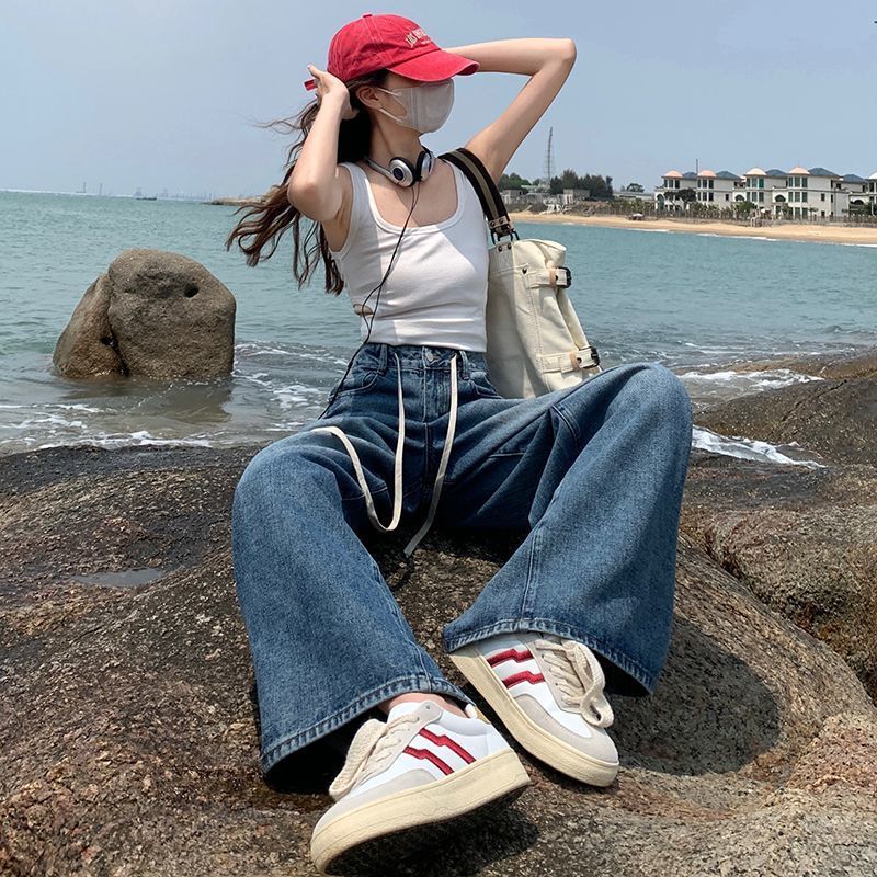 抽绳穿搭显瘦牛仔裤修身高腰女2025年复古蓝宽松阔腿裤垂感拖地裤|undefined