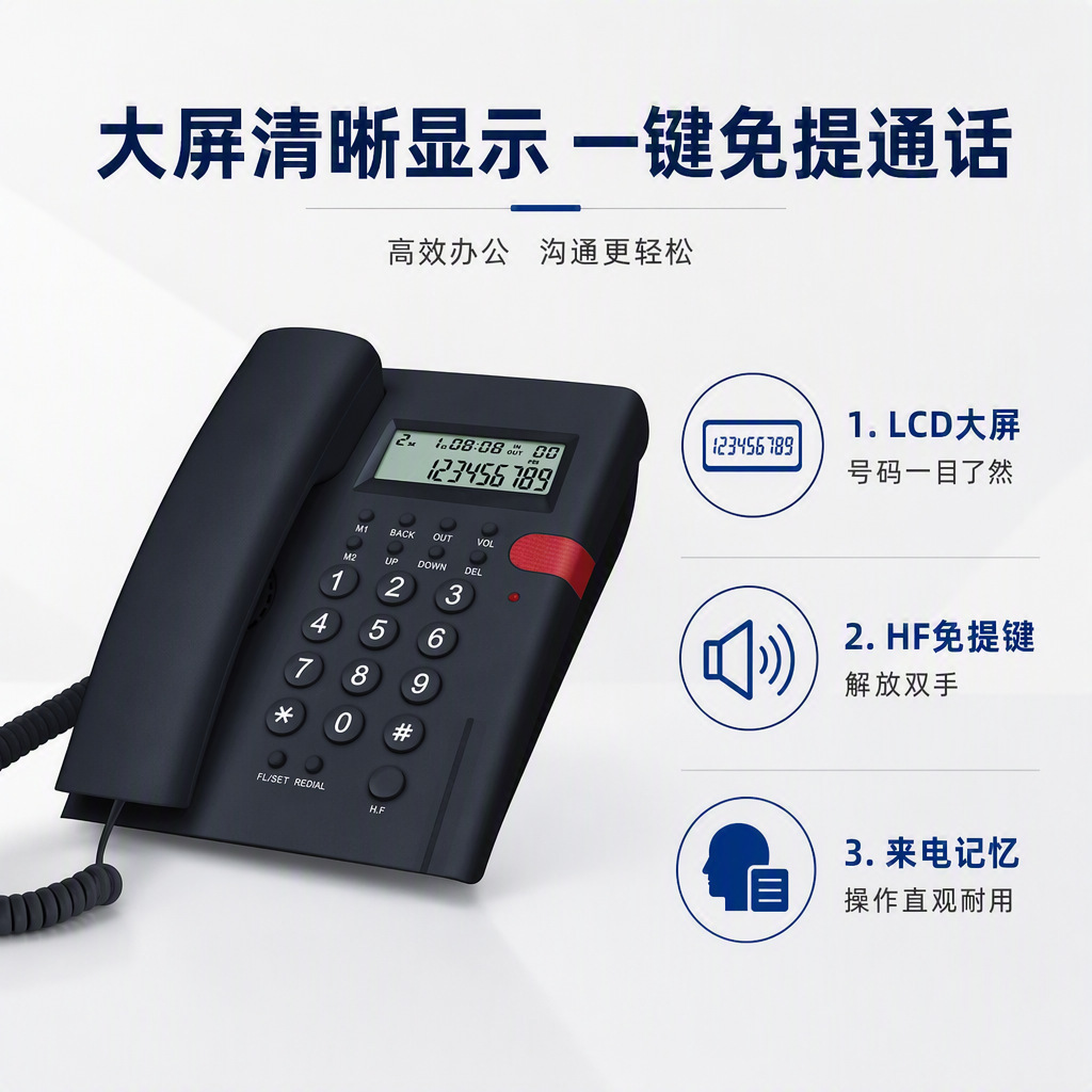 English-language telephone K010A-1 with LCD caller ID, wired landline, home/office use, speed dial.