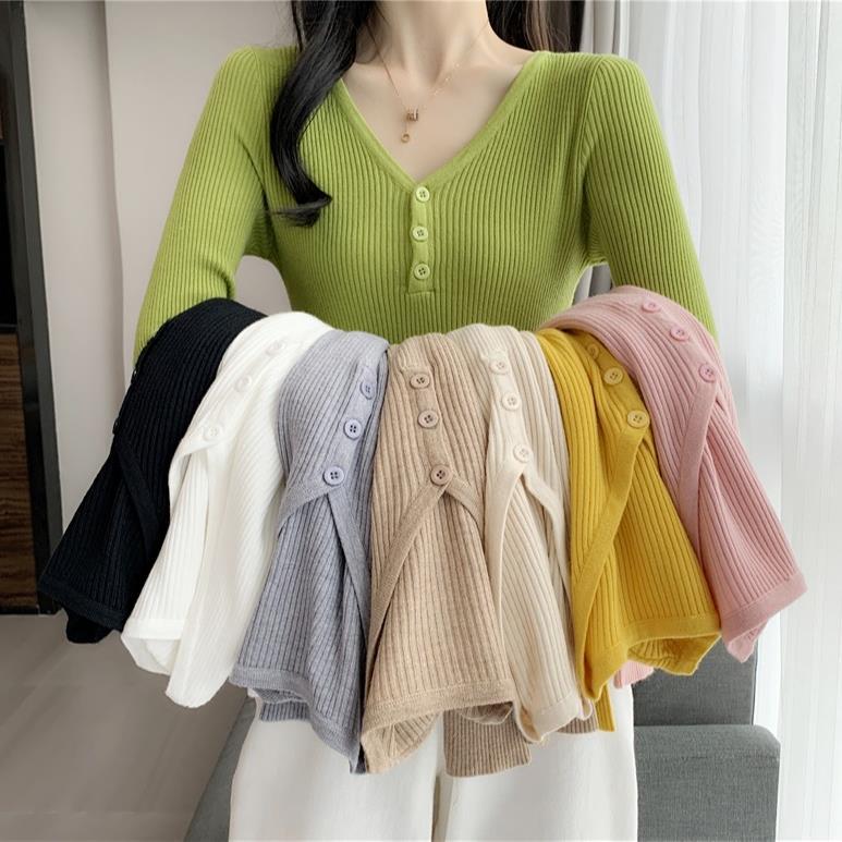 Avocado Green V-Neck Knitwear for Women Early Autumn 2023 New Outer Bottoming Shirt Chic Korean Style Gentle Top