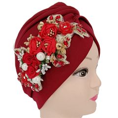 跨境新款民族手工縫花朵女士帽多折小帽包頭帽中東頭巾帽