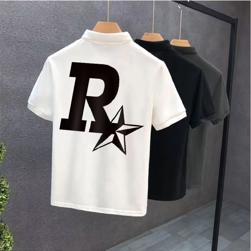 Verano 2023 camisa de Polo para hombre verano estampado de estrellas suelta estilo Hong Kong versátil estudiante casual cuello redondo camisa de manga corta blanco