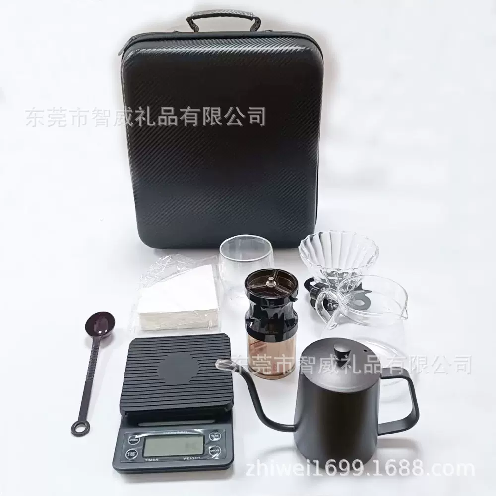 V60旅行手冲咖啡套装 滤杯手冲壶组合 便携式手提磨豆机组合跨境