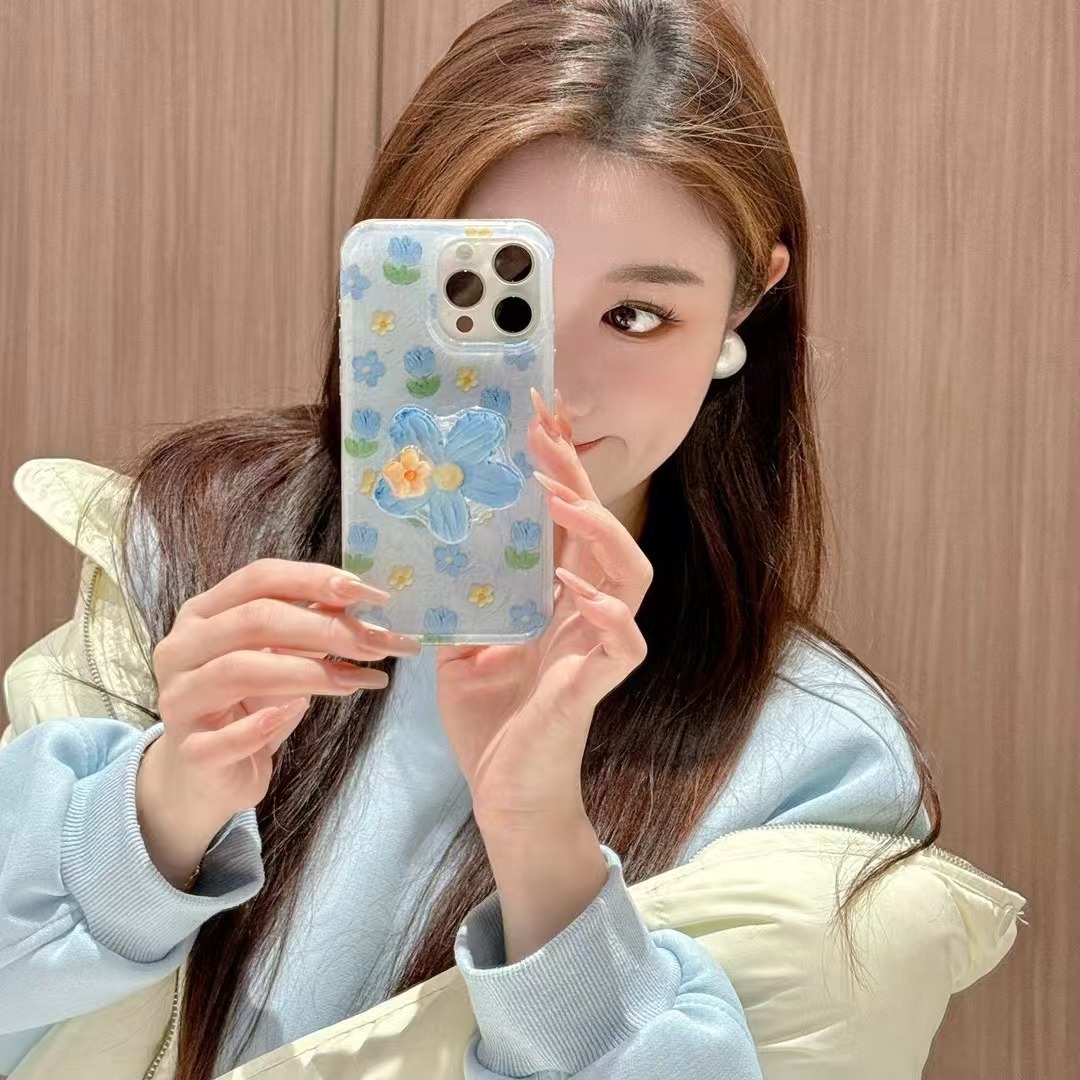 Flores de pintura al óleo frescas de verano para Apple 15ProMax funda para teléfono móvil 16Pro azul 14/13 Diversión 16