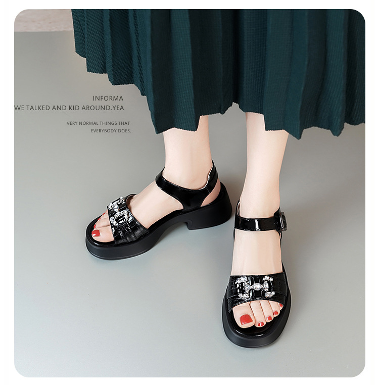 Sandal cao gót nữ da bò đế dày quai ngang đính đá — màu đen chi tiết 9