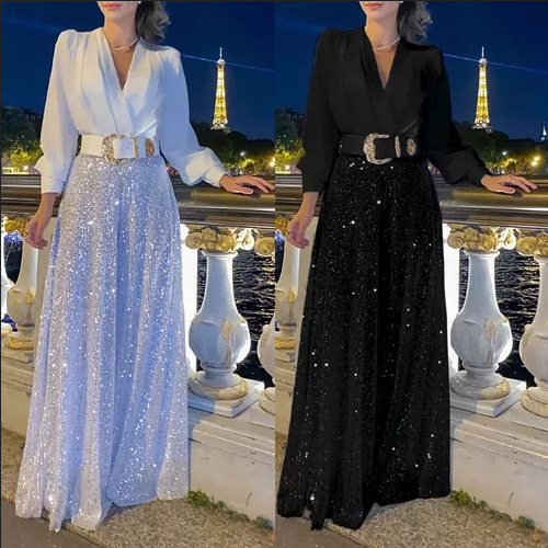 Cross-Border New Women's Prom Sequin V-Neck Loose Elegant Long Sleeve Party Elegant Evening Dress (2 Colors)