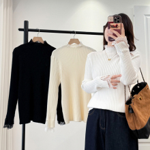 针织打底衫女大码2025秋冬新款胖m200斤时尚洋气蕾丝拼接内搭毛衣