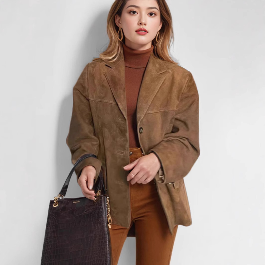 Autumn 2024 New European and American Women's Elegant Retro Brown Loose Pocket Long Sleeve Suit Jacket for Women