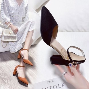 Sandals Women's Fashion Sandals High Heel Thick Heel Pointed Suede Hollow Women's Shoes 2021 New Foreign Trade Large Size Shoes for Women