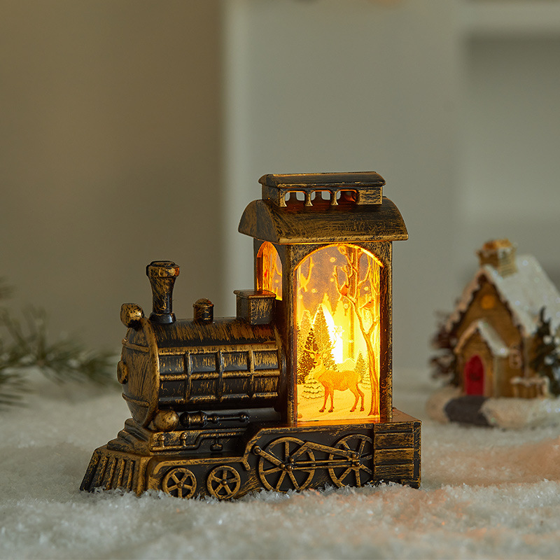 Luce notturna a forma di treno di Natale: lanterna a LED festiva attivata dall'acqua con disegni di Babbo Natale, renne e pupazzo di neve (dettagli con pennello dorato)_voghion.com
