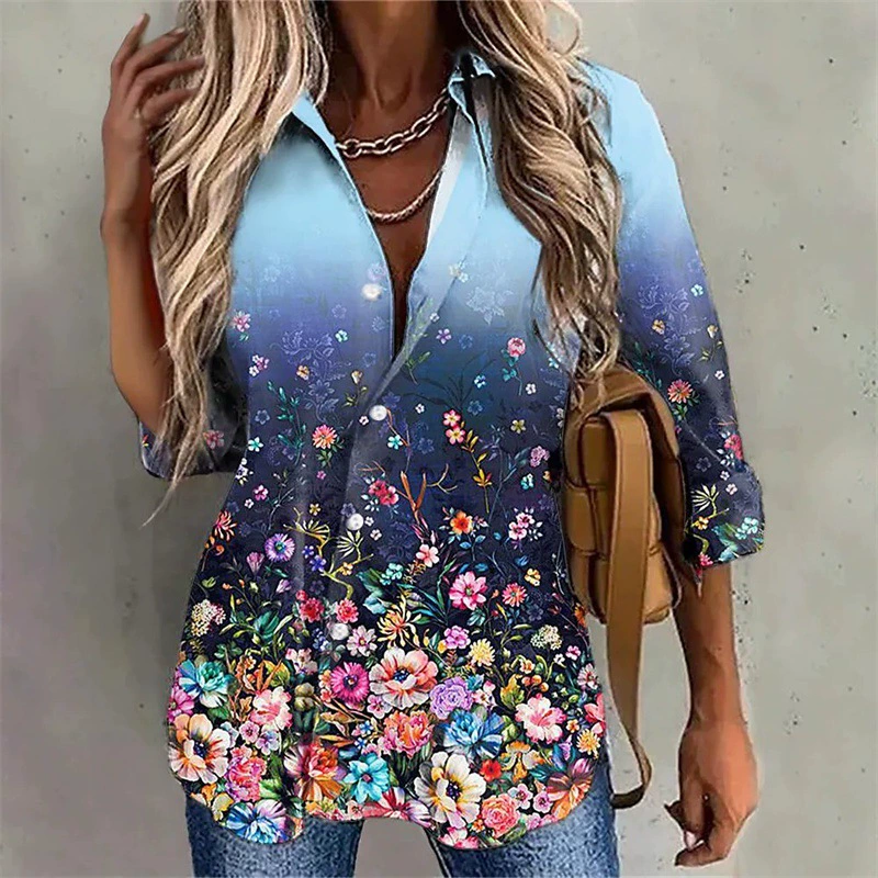 2023 трансграничная рубашка Amazon на весну и осень, новый европейский и американский женский топ с длинными рукавами и однобортным принтом с лацканами