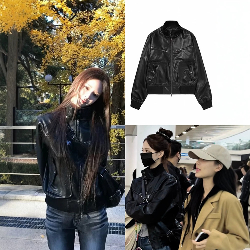 Now Available: Jeemin's Same Style Black Stand-Collar Motorcycle Jacket, Autumn Style for Women, Spicy Girl Style Pu Leather Jacket Aak*M