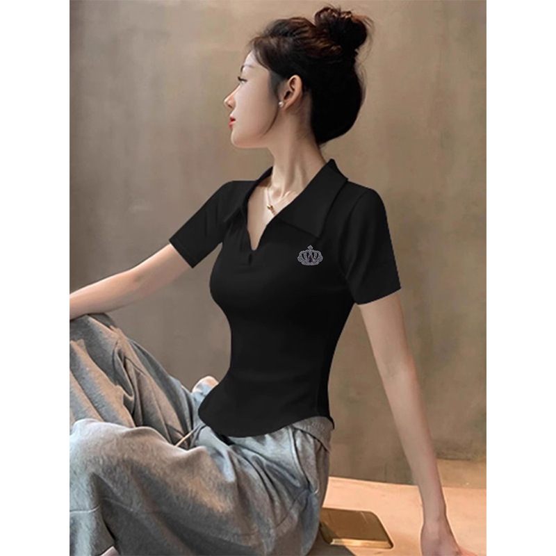 Slim Black Polo Collar Hot Diamond Short-Sleeved T-Shirt for Women Summer European Goods 2025 New Short Asymmetrical Cotton Top