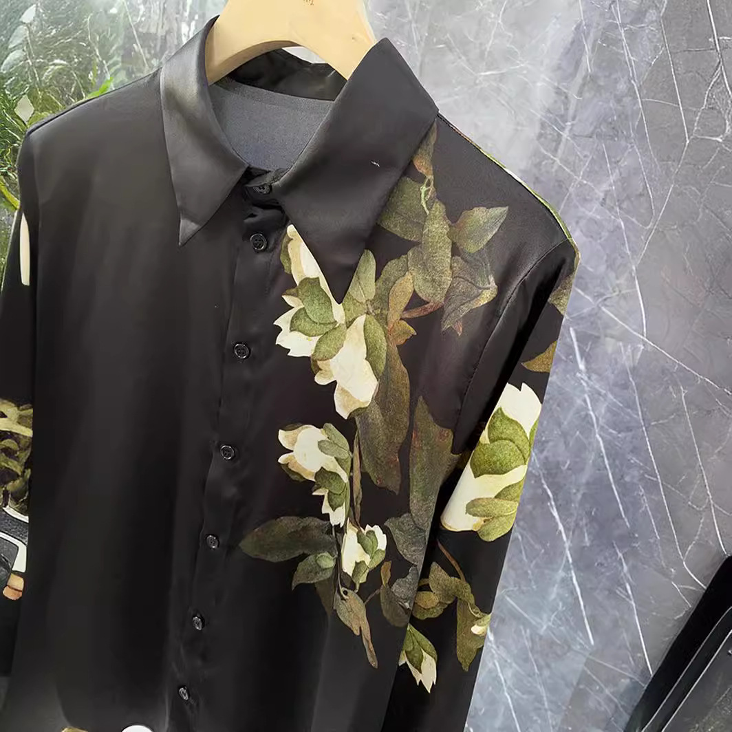 Women's Clothing Retro black printed silk top mulberry silk long sleeve shirt_ipsvogv.com