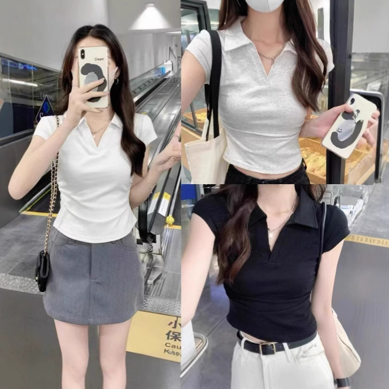 Ins Pure Desire Polo Collar Sexy Short Pleated Short-Sleeved T-Shirt for Women Summer Slimming Look Short-Sleeved Top for Women Wholesale