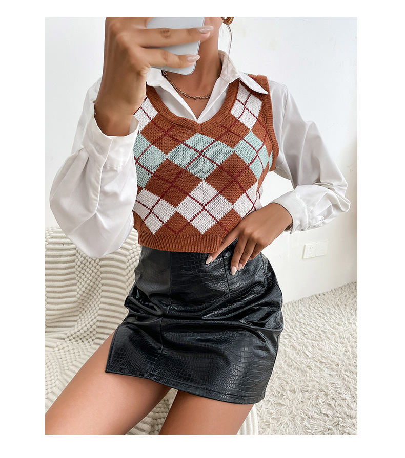 Short Diamond Plaid Knitted Vest nihaostyles clothing wholesale NSYYF88603