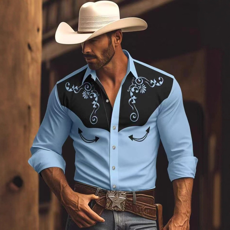 Cross-Border Export Western Party Four-Way Stretch Men's Shirt Spring and Autum 3D Digital Printing Men's Long-Sleeved Shirt