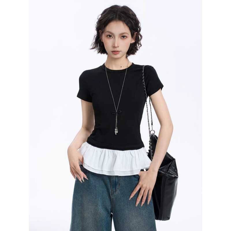 Black Ballet-Style Faux Two-Piece Lace-Trimmed Short-Sleeve T-Shirt for Women, Summer 2026 New Slim-Fit Top Black Ballet-Style Faux Two-Piece Lace-Trimmed Short-Sleeve T-Shirt for Women, Summer 2026 New Slim-Fit Top