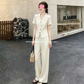 V领短袖西装女2026夏新款马甲高腰阔腿长裤时尚通勤两件套图片色