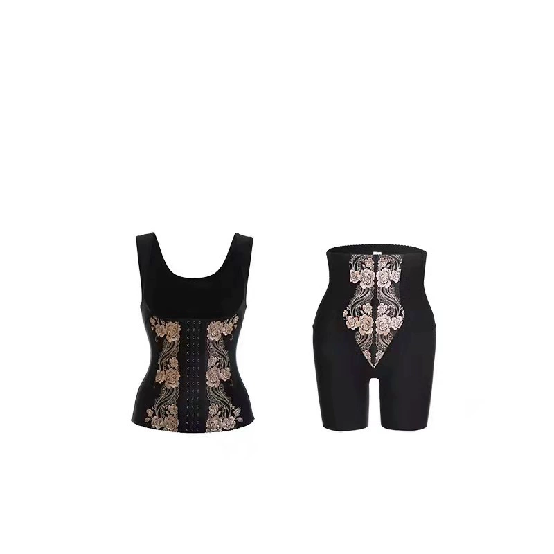 Split corrective bodysuit, set full-body for weight loss, trousers, waist belt, for beauty salons, with embroidery, high waist, 3 piece set