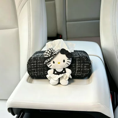 Car tissue box/set High-End Feel, Creative Design for the - little-black-cat-with-black-straw-hat-and-white-skirt-black-tissue-bag-with-armrest