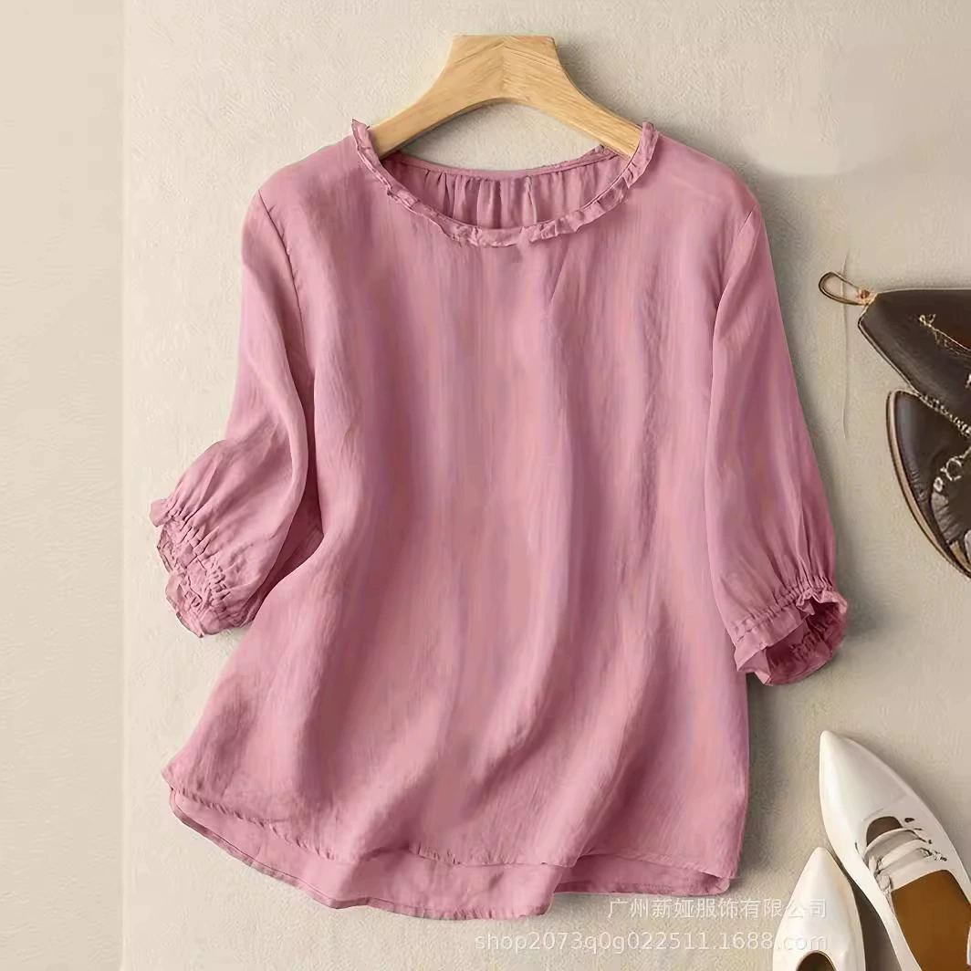 Летняя новая модель большого размера повседневная свободная хлопчатобумажная льна сплошной цвет футболка с короткими рукавами ватная льна женская одежда