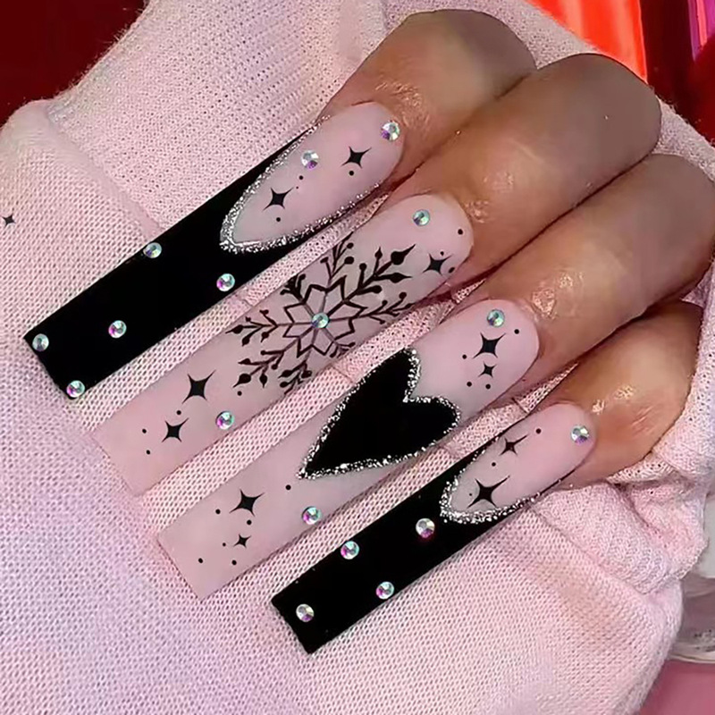 Black French style Christmas fake nails Christmas love snowflake matte glitter cross-border wear nail polish piece manicure