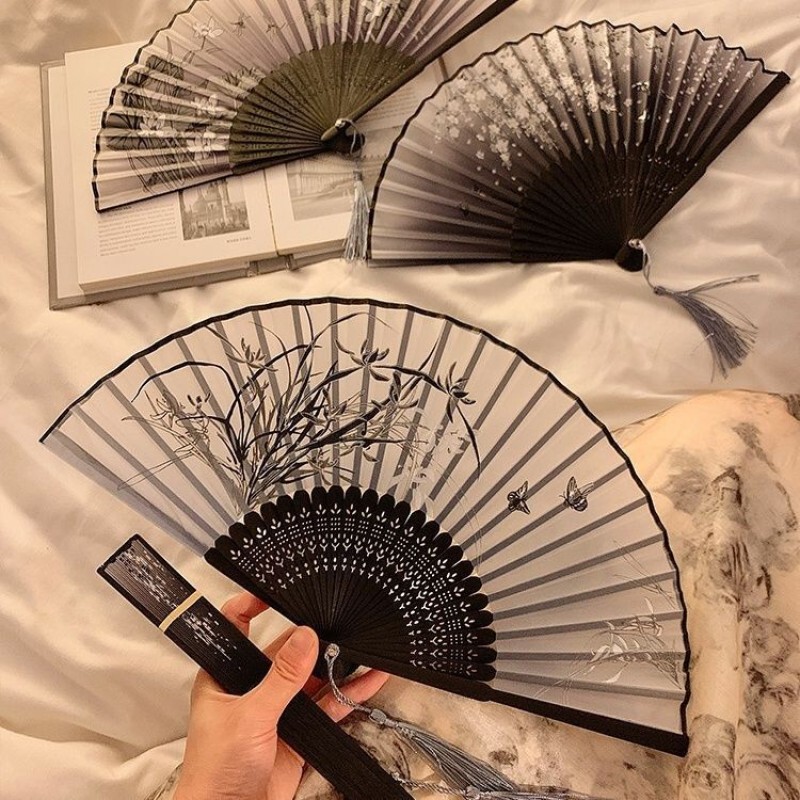 中国风折叠小扇子随身携带古风汉服马面裙舞蹈新中式夏天黑色竹扇|undefined