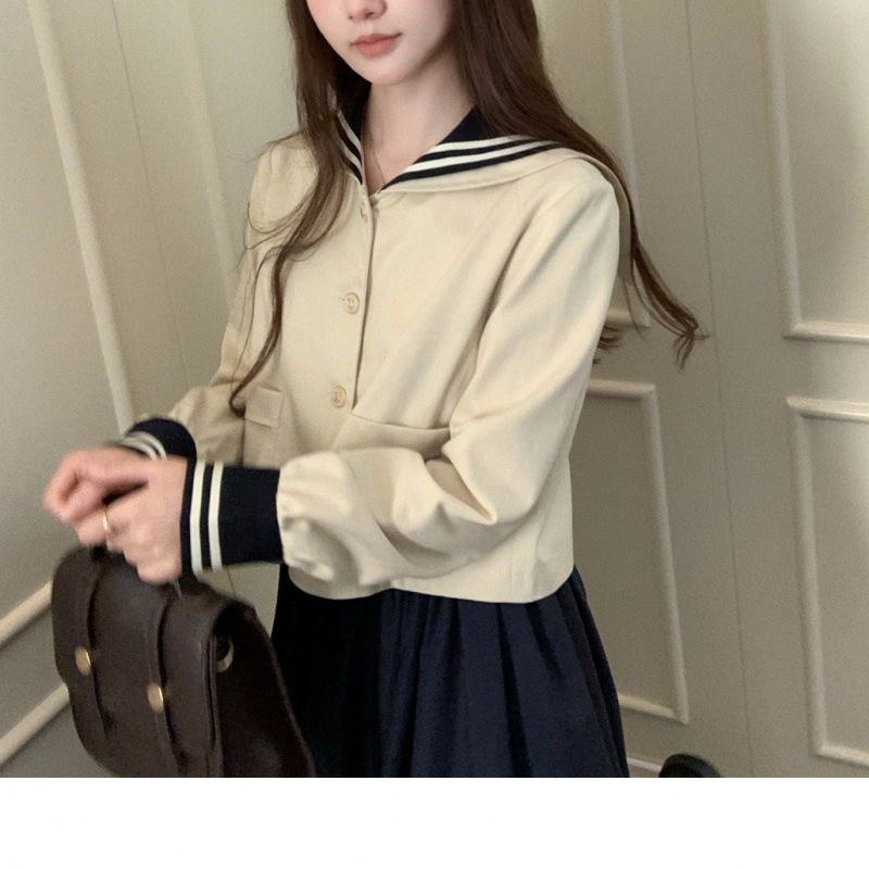 航行秋日 学院风双层海军领小风衣外套+半身裙两件套装女秋季新款|undefined