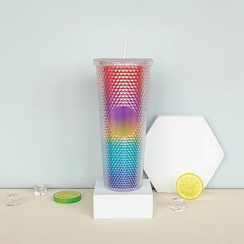 Taza de Plástico de Doble Capa 710ml, con Sorbete, Diseño Diamante/Durian, Transfronteriza