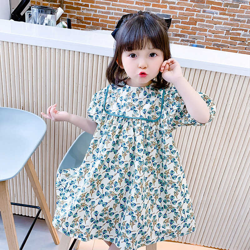 Girls Floral Dress Short-Sleeved 2024 Summer New Style Korean Style Kidsren's Style Princess Dress Baby Summer Dress