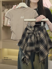 女童露背短袖T恤不规则格子半身裙套装2025夏款中大童半袖两件套