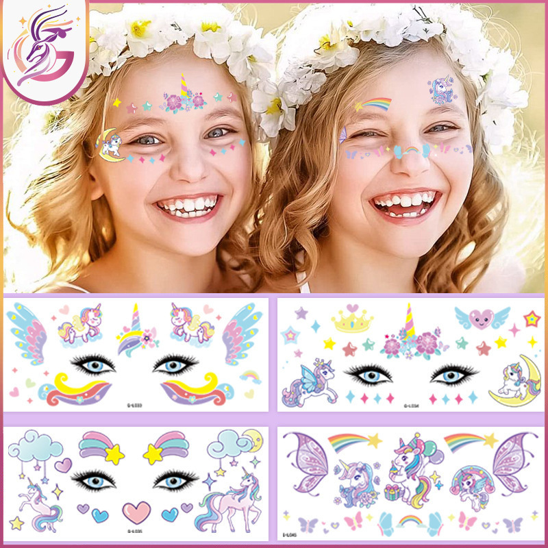 Children's Unicorn Face Sticker Tattoo Sticker Animal Cartoon Rainbow Waterproof Sweat Disposable Temporary Tattoo Face Sticker