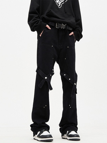 Vintage American-style high-street lace-up micro-waist straight-leg jeans for men and women, four-season black casual pants
