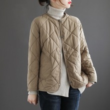 日韓外貿尾貨品牌剪標女裝菱格輕便棉衣冬季夾棉加厚圓領棉服外套