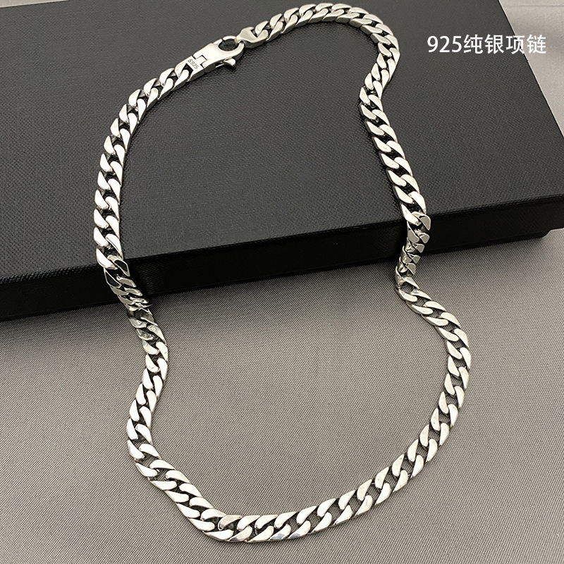 925 sterling silver necklace men's and women's simple all-match glossy Cuban tank whip necklace sweater chain clavicle chain bare chain