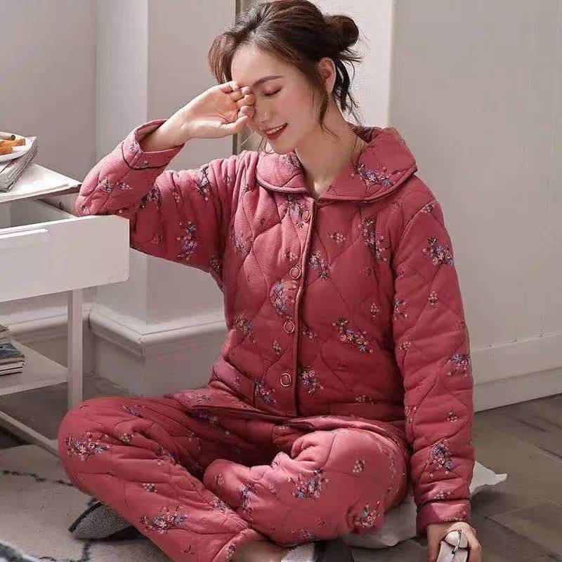 100% algodón engrosado acolchado de media longitud de tres capas acolchado de las mujeres de otoño e invierno pijamas traje de desgaste para el hogar