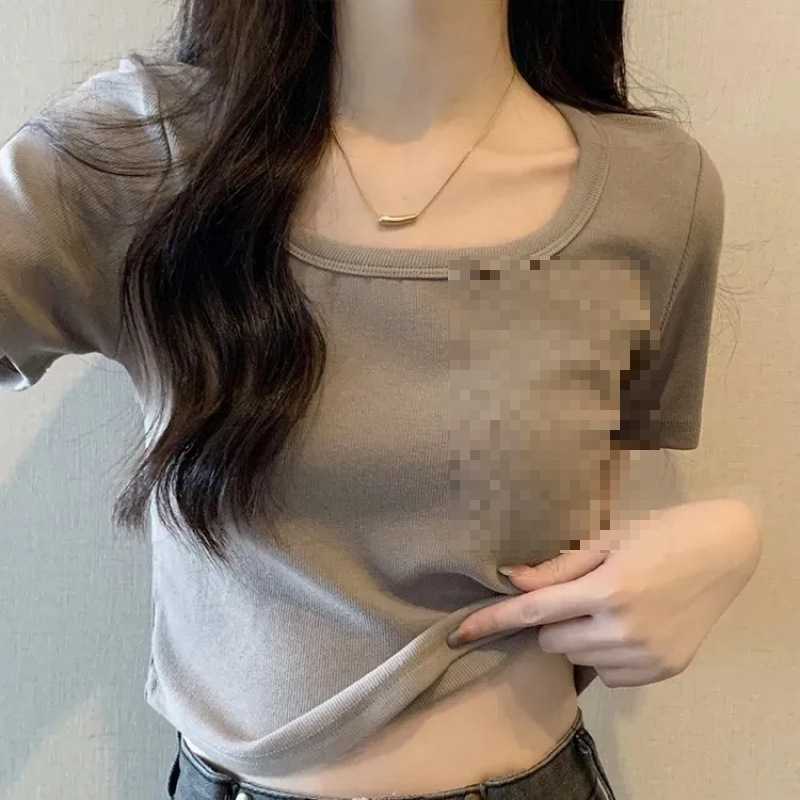 ヨーロッパ糸ラウンドネック半袖Tシャツレディース夏新作鎖骨ユニークでシックなスリムトップ半袖Tシャツイン|undefined